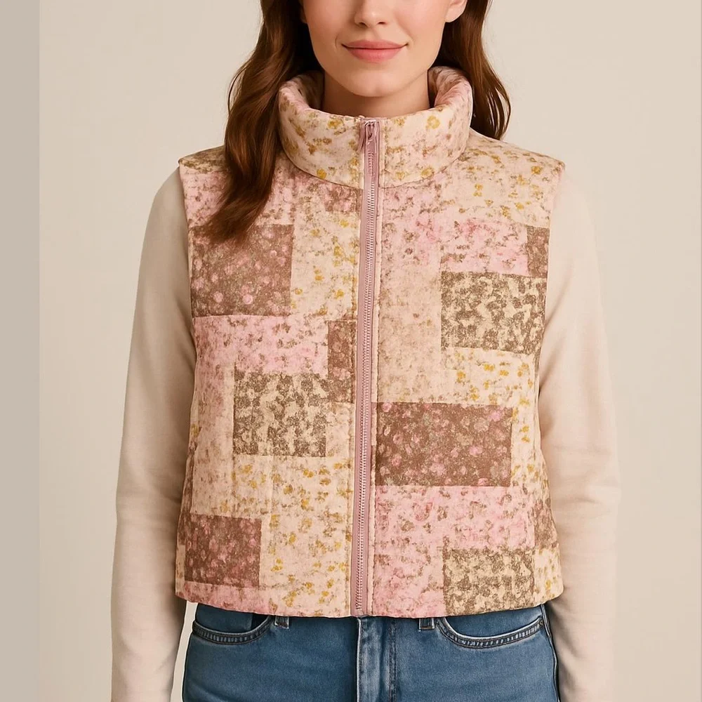 THREAD & SUPPLY quilted pastel vest floral patchwork full zip pockets pink large - Picture 4 of 15
